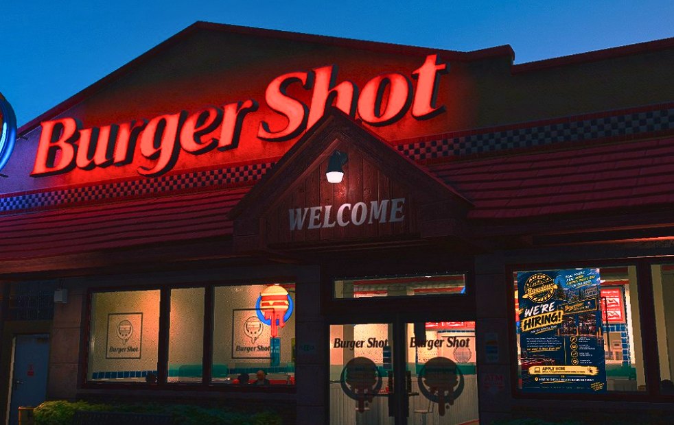 Burger Shot restaurant lit up at dusk