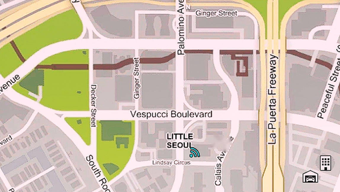 Map of Little Seoul, Los Santos, showing Weazel News HQ on Lindsay Circus