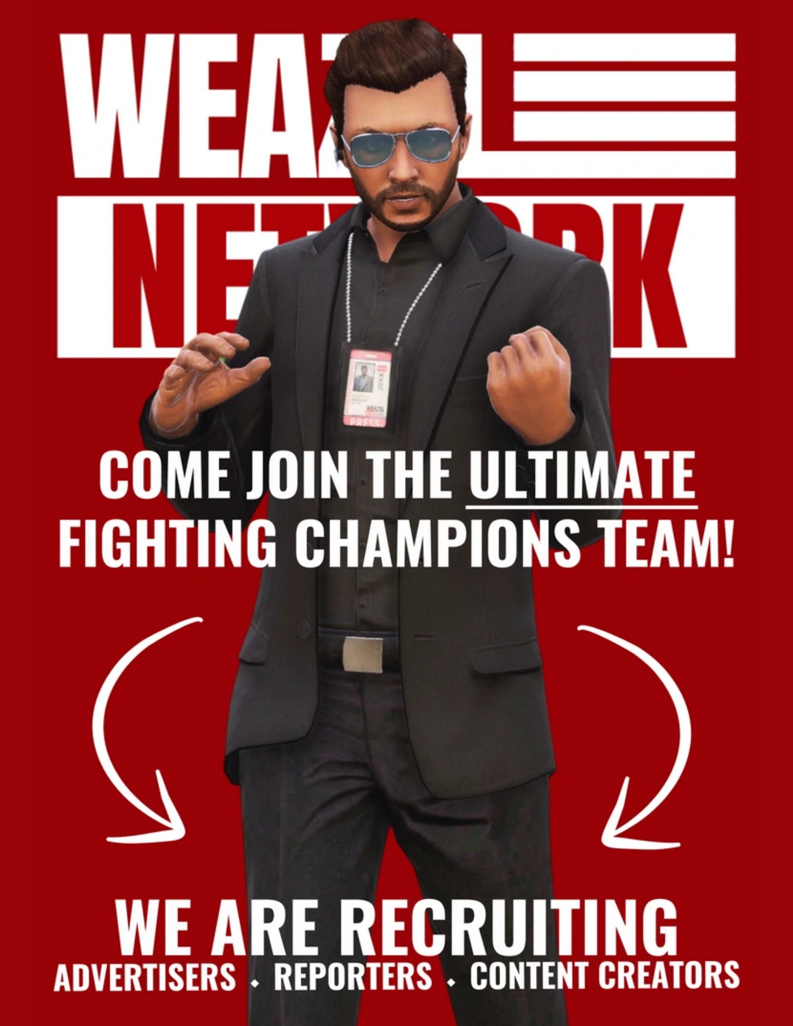 Weazel Network recruitment poster: we are recruiting advertisers, reporters and content creators