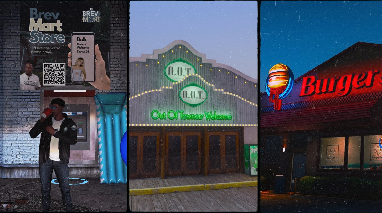 Local businesses across San Andreas: Brev Mart, Out Of Towners and Burger Shot